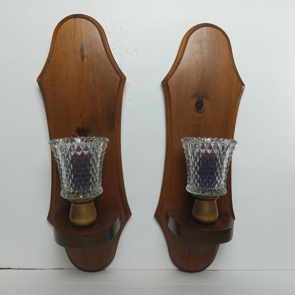Vintage MCM Wood Wall Sconce Pair Hobnail Glass Candle Holder Farmhouse Cottage